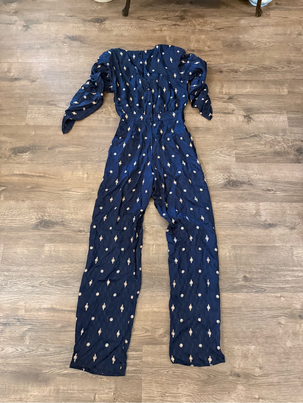 Maggy London Silk Vintage Navy Printed Long Sleeve Romper Jumpsuit Size 4